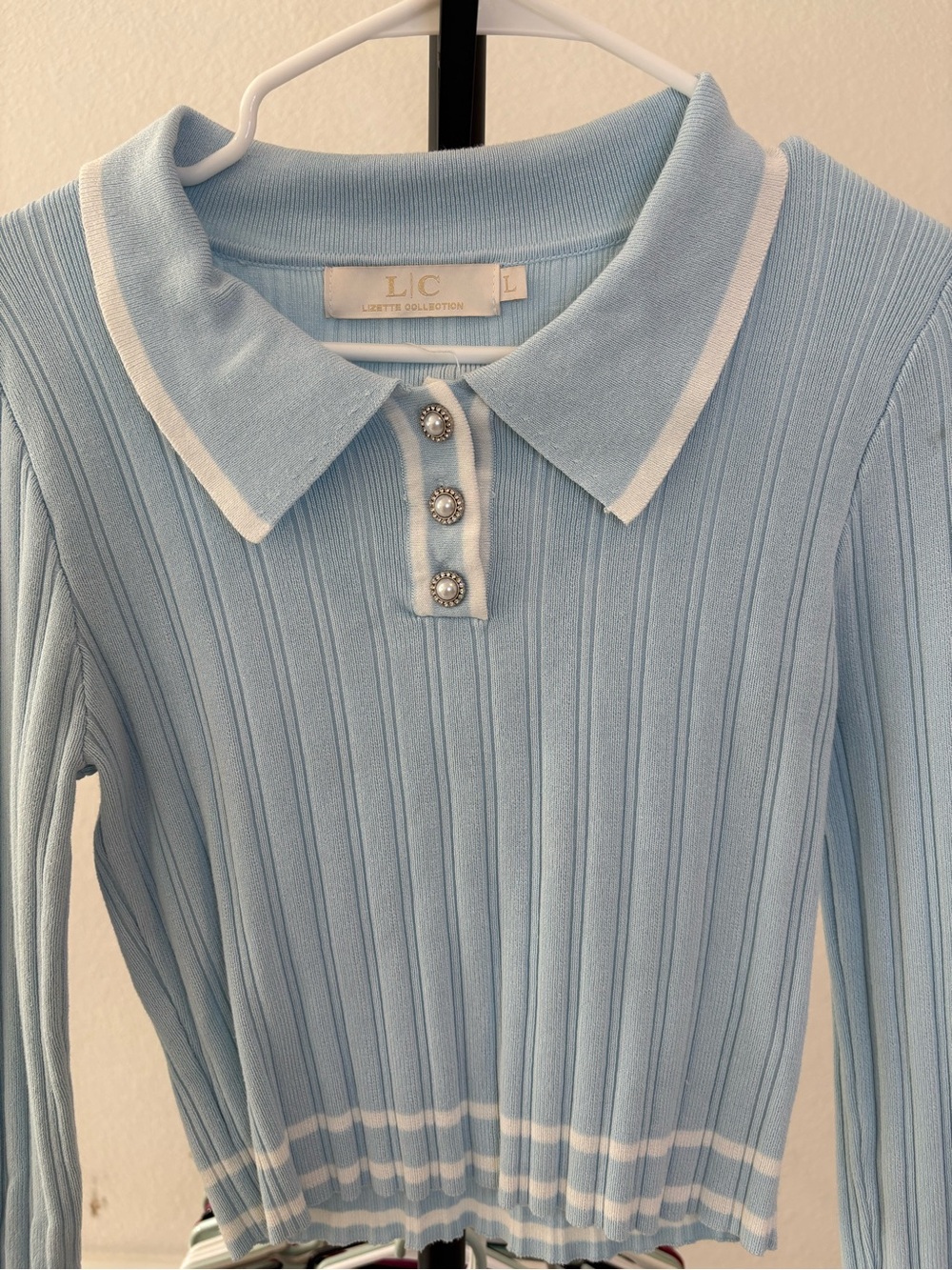 Light Blue Ribbed Polo-Collar Sweater with Pearl Buttons